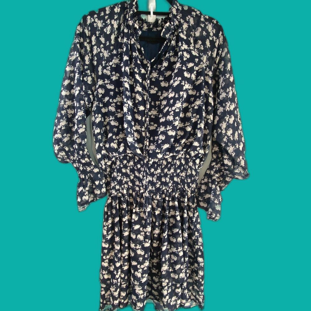 Lucca Navy Blue White Floral Chiffon Ruffle Boho long Sleeve Dress Small